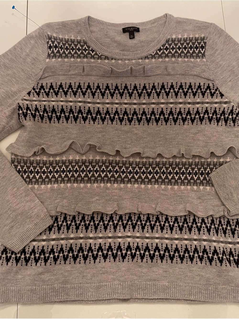 Talbots Light Gray Fair Isle Crewneck Sweater with Ruffle Trim